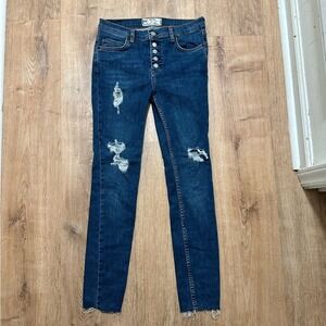 Free People | Women's Distressed Button Fly Blue Raw Hem Skinny Jeans, W26